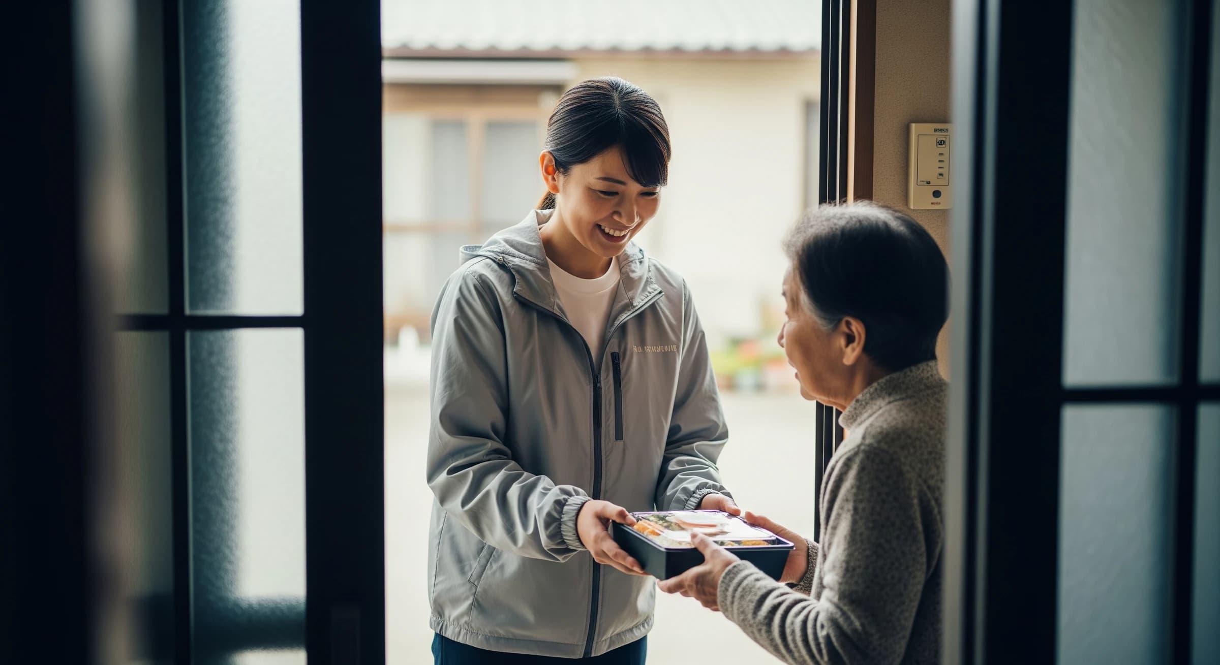 スタッフが笑顔でお弁当を手渡しする様子
